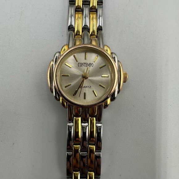3/$30 Vintage Contempo Watch Women Silver Gold Round 23MM Case Works 6.5" - Picture 2 of 14